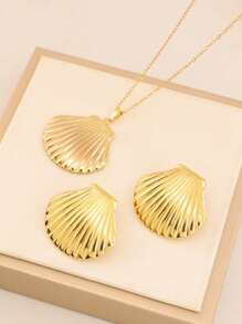 3 Pcs/Set Fashion Shell Pendant Jewelry Set, Ocean Series Stainless Steel Jewelry Set, Beach Necklace Earrings, Stainless Steel Jewelry Including Necklace And Earrings, Suitable For Women's Daily Wear