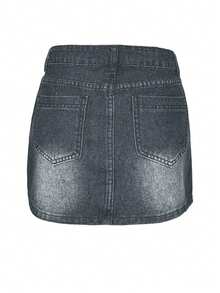 Women's Solid Color Bodycon Pocket Casual Versatile Denim Mini Skirt - Grey - View 4