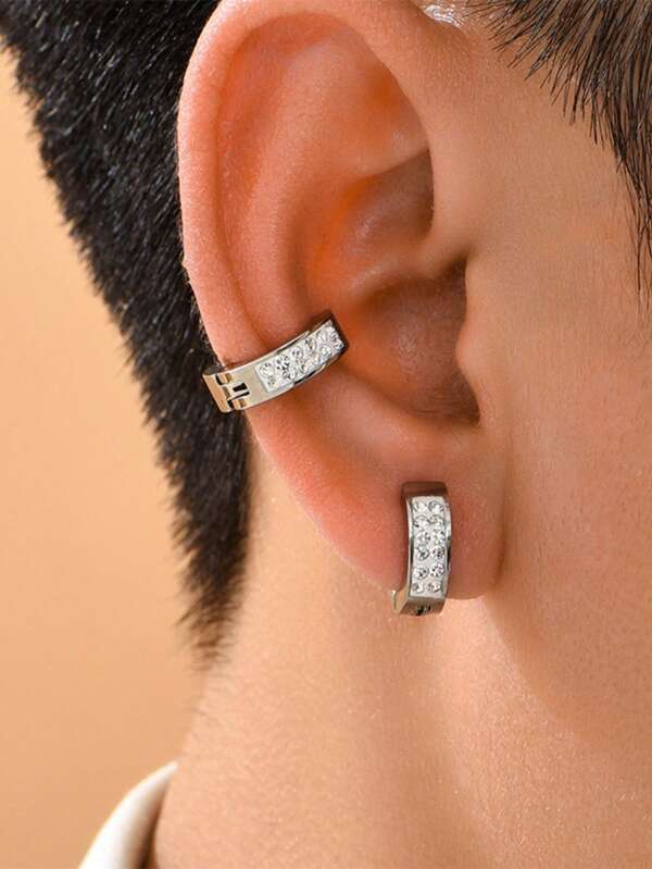 1 Pair Men's Stainless Steel & Zirconia Ear Clips, Fashionable & Simple Men's Earrings