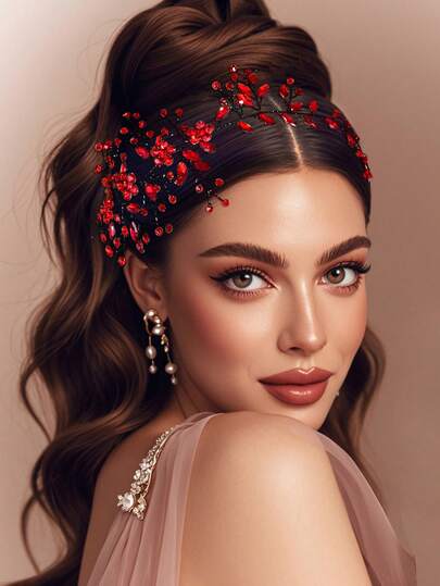 1pc Red Rhinestone Headpiece, Classic Minimalist Petal Design Bridal Hair Accessory, Suitable For Weddings, Birthday Parties, Daily Wear