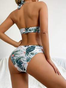 Elegant Women's Sweetheart Neck Backless 2-Piece Swimsuit Set, Paired With Tropical Print Maxi Skirt And High Stretch Low-Waist Pants, Suitable For Beach Vacation