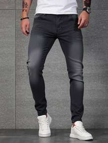 Pantalones vaqueros ajustados para hombre de color gris oscuro, tela transpirable y cómoda, ideales para estilos casuales urbanos - Gris Oscuro - Ver 3