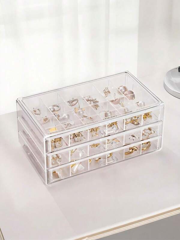 1 Piece 72 Grid 3-Layer Velvet Jewelry Box Drawer Jewelry Box Ring Box Earring Storage Box Drawer-Style Jewelry Storage Box, Three-Layer Acrylic Velvet Jewelry Box, Drawer-Style Jewelry Storage Box, Necklace Earring Ring Jewelry Storage Box, Summer Storage And Organization Gift For Women And Girls