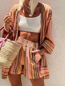 2pcs Fashion Allover Print Loose Top & Shorts Set, All Over Striped Bohemian Woven Fabric, Elegant Casual Vacation Outfit, Suitable For Spring & Summer
