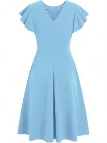 Women's Semi-Formal Ruffle Sleeve V-Back Work Fit And Flare Cocktail Knee Length Dress With Pockets, 2025 Style - 天藍色 - 查看 4