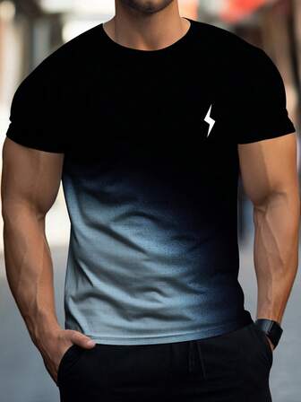 男士户外运动健身渐变闪电印花短袖T恤跑步篮球夏季训练上衣健身房基础款T恤百搭舒适T恤夏春季运动风服装