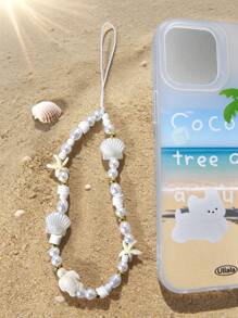 1 pieza Colgante de cadena para celular con decoración de estrella de mar y concha de mar de perlas falsas, estilo de vacaciones de verano