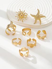 8 Stück goldene Seestern-Ringe, Spiraldesign Wirbel-Ringe Set, Damen Sommer gestapelte Ringe Pack, verstellbare Größe Ringe für Strand, Reise, Urlaub