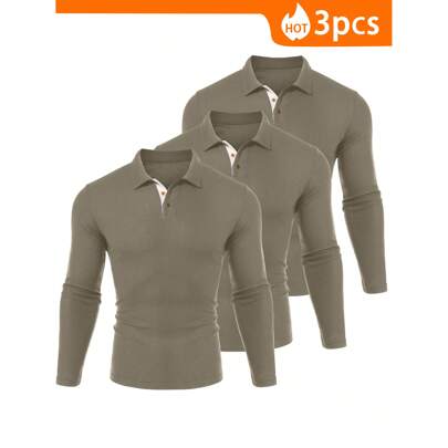 3 Pack Men's Cropped Long Sleeve Polo Shirts Relaxed Fit Basic Shirt Tops