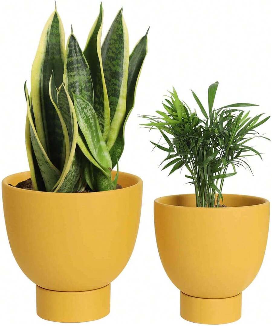 Yellow Terracotta Self Watering Plant Pot - 2 PCS 6 Inch & 8 Inch Terra Cotta Plant Pot With Drainage Hole And Saucer, Small & Large Clay Flower Pot With Tray, Plant Pot For Indoor Outdoor Plant - Mustard Yellow - View 1