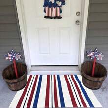 1pc 16"*24"18"*30" 4th Of July Patriotic Door Mat - Blue White Red Striped Welcome Mat With Stars & Stripes Design, Durable Non-Woven Fabric & Rubber Backing, Hand Wash Only Farmhouse Porch Decor For Independence Day & Summer Entrance, Independence Day Decorations, Easyclean Material - 樣式1 - 查看 3
