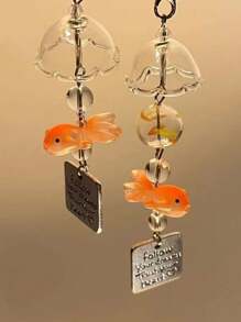 2pcs Dreamlike Goldfish Wind Chime Beaded Ornament, Small Fish Bead Decorative Hanging Accessory, Suitable For Bedroom, Yard, Garden, Phone, Bag Decoration