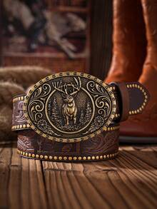 1 件男士波西米亚西部牛仔马扣复古深棕色 PU 皮带，适合所有季节秋季、秋季、万圣节秋冬配饰，适合青少年、青年、男士、休闲、户外、运动、度假、毕业礼物、生日、日常穿着