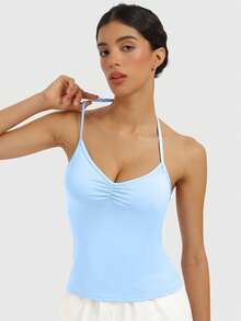 SUPEKYKO 女士可调节瑜伽上衣 - 交叉后背褶皱运动文胸，带可拆卸胸垫，适合运动和日常穿着 - 淺藍色 - 查看 4