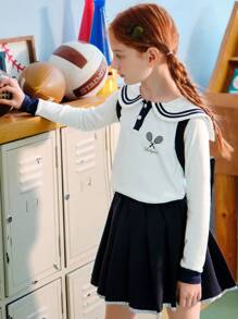 ASK JUNIOR ASK JUNIOR Tween Girls "Relaxed French" Long Sleeve Navy Collar Half-Zip Up T-Shirt Sweater