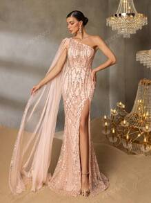 Faeriesty Faeriesty Asymmetric One-Shoulder Evening Gown With Flowing Organza Drape, Embellished Waist Detail, Dramatic Thigh-High Slit & Mermaid Fishtail Hem – Elegant Formal Dresses For Red Carpet Events, Black-Tie Galas, Luxury Wedding Receptions, Fashion Showcases, Award Ceremonies