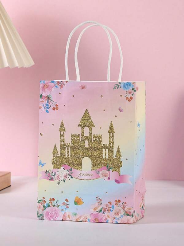 1/4/8/16pcs Princess Party Gift Bag With Handle, Golden Castle Flower Bag, Perfect For Birthday Parties, Party Supplies, Bridal Shower And Wedding Gifts Romantic Gift Bag Crown Castle Fantasy Gift Bag Flower Companion Gift Bag