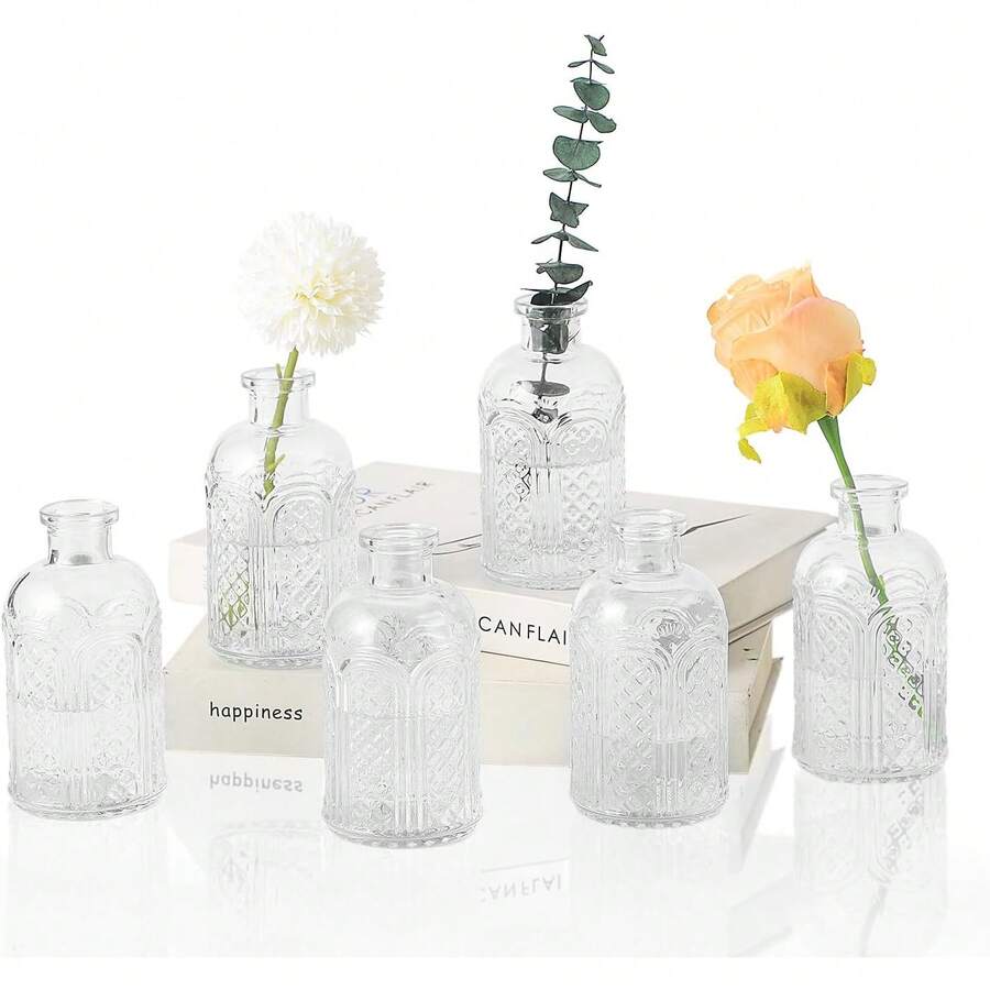 6/12PCS 现代罗马庚格家居装饰玻璃花瓶，桌面中心小花瓶装饰，迷你复古花瓶，桌面中心装饰透明花蕾花瓶