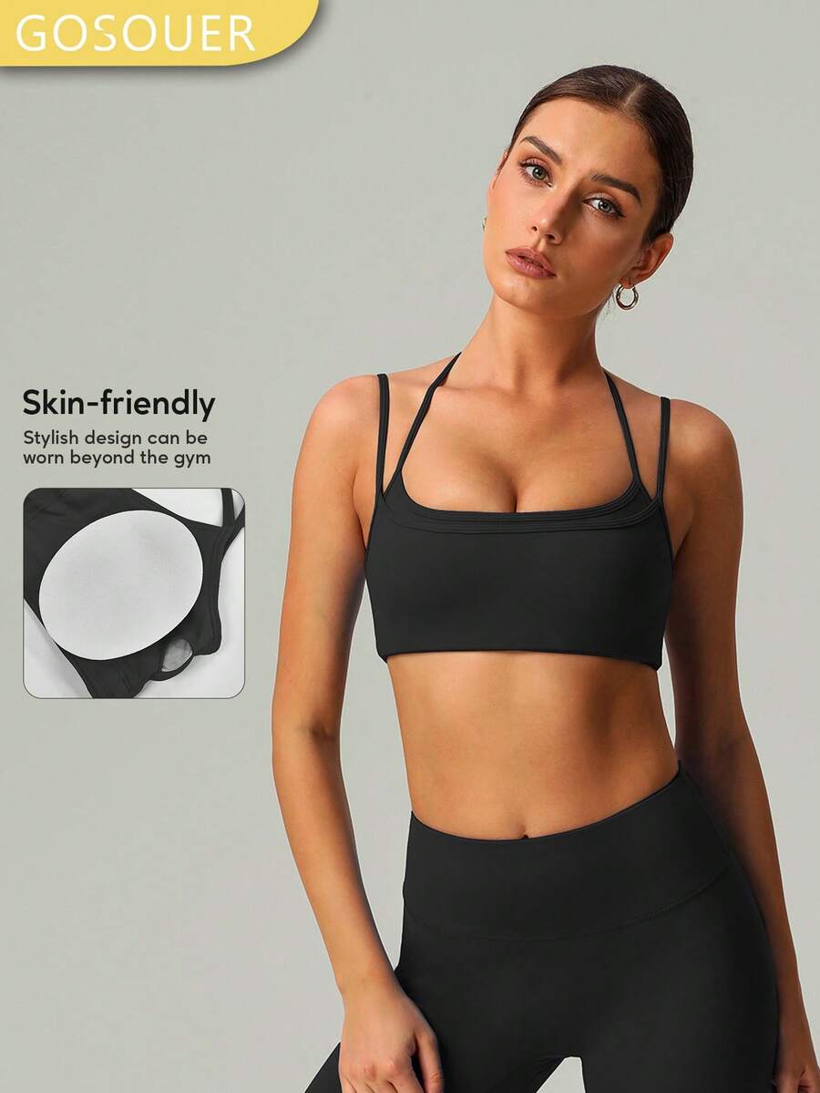 Women's Halter Neck Multi-Shoulder Adjustable Straps Double Layer Beauty Back Yoga Fitness Sports Bra - màu đen - Xem 1