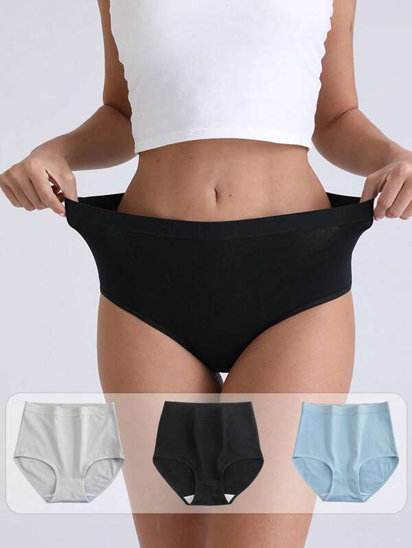 3pcs Women High Waist Solid Color Briefs, Black&Grey&Blue, Comfortable Stretchy Panties For Every Day
