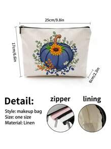 1pc Autumn Pumpkin Sunflower Maple Leaf Bow Letter Linen Printed Makeup Bag, Cute Travel Cosmetic Pouch And Multifunctional Coin Purse, Lightweight Gift For Women
