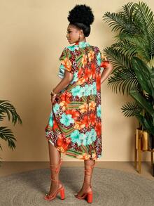 BIUBIU Plus Size Women's Casual Geometric Print V-Neck Ruffle Sleeve Loose Mid-Length Dress, Suitable For Daily, Vacation (Pattern Random) - Orange - View 3