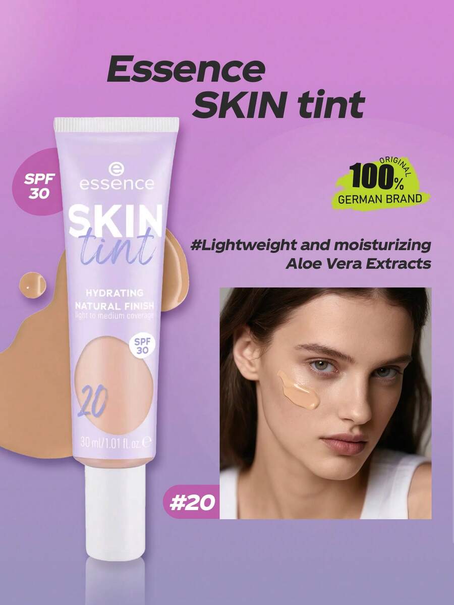 Essence SKIN Tint 20 輕盈透亮底妝,自然光澤感,保濕透氣日常穿戴,偽素顏妝感,持久滋潤,禮品,30ml/1.01 Fl. Oz - 20 - 查看 1