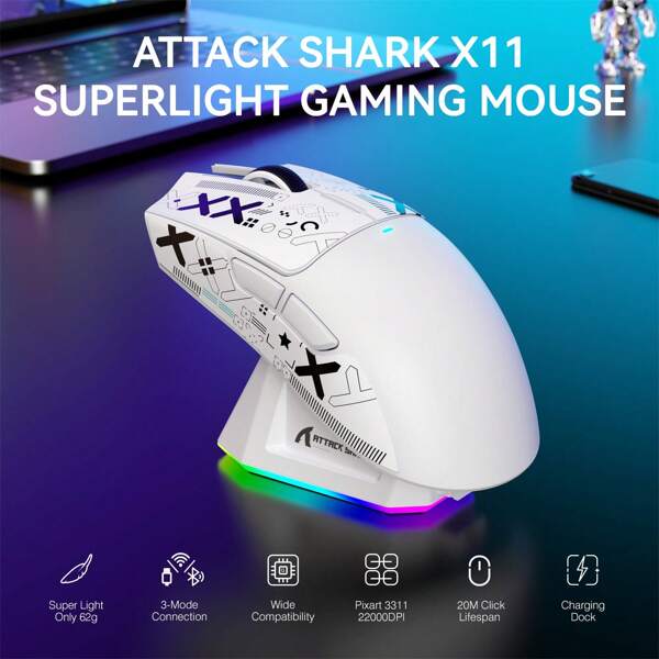 ATTACK SHARK ATTACK SHARK X11 leichte kabellose Gaming-Maus mit RGB-Ladestation, 3-Modus-2,4G/USB-C Kabel/BT, 22K DPI, PAW3311 Optischer Sensor, HUYU-Schalter, 5 programmierbare Tasten für PC