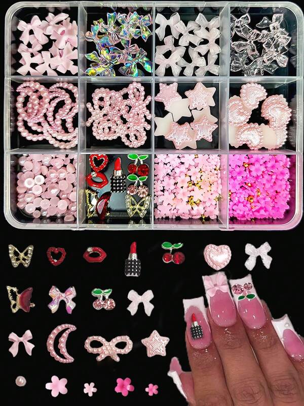 Conjunto de Decoração de Unhas de Gelo Aurora Verão Celebridade da Internet - Laço, Coração, Lua, Borboleta - Mistura e Combine Contas Platinadas, Adequado para Decoração de Unhas DIY - Decoração de Arte Feita à Mão