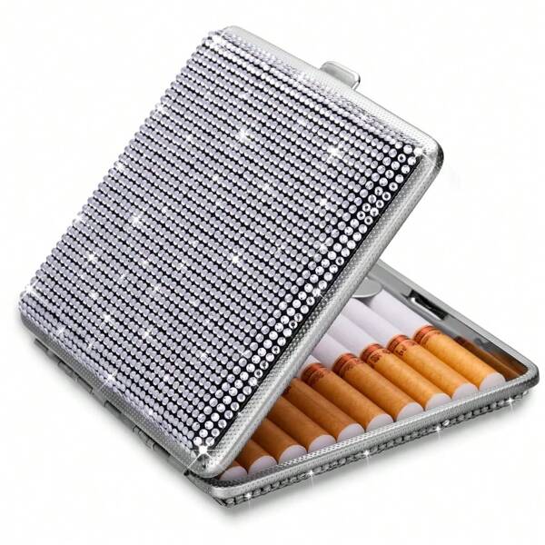 QileQPet Estojo De Cigarro Elegante Para Mulheres, Porta-Cigarros De Metal Com Cristais Brilhantes, Caixa De Cigarro Dupla Face, Caixa De Metal Com Superfície Para 20 Cigarros, Caixa De Cigarro Para Homens E Mulheres, Presente Ideal Para Fumantes