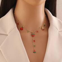 Freegrow 1pc Cherry & Strawberry Crystal Stainless Steel Y-Shaped Necklace, Suitable For Daily Wear
