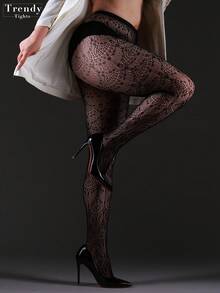 1 quần legging lưới cá sọc dọc co giãn cao cỡ lớn, quần bó thời trang dành cho nữ phù hợp cho lễ Halloween, thiết kế họa tiết hình học Gothic & Retro màu đen - màu đen - Xem 3