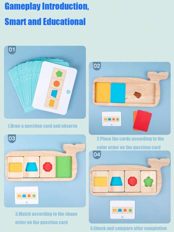 1 juego de rompecabezas geométrico con ballena de colores que ayuda a los niños a reconocer colores y formas. Con su diseño en forma de ballena, permite el aprendizaje de cognición de color y formas geométricas. Equipado con 30 tarjetas de preguntas y 5 tarjetas de colores, fomenta que los niños jueguen de manera desafiante, se sumerjan y fortalezcan su memoria.