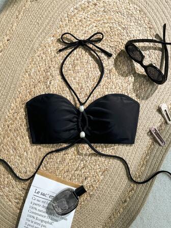 New Summer Beach Pool Party Fashionable And Sexy Solid Color Bead Accessories Hanging Neck Rope Bikini Single Top For Women