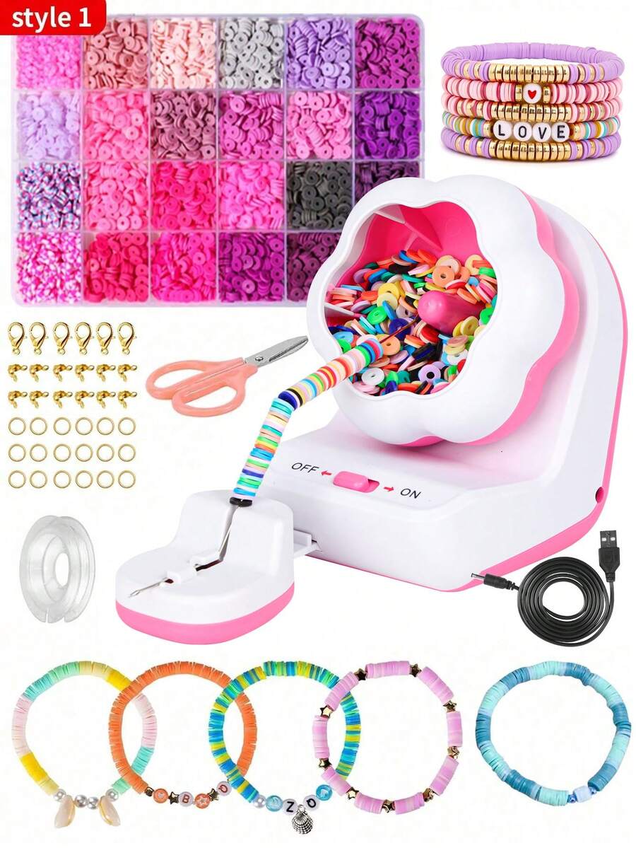 1 caja Cuentas de arcilla polimérica de 3 mm con forma de arroz y kit de rotador - Rotador eléctrico de cuentas para hacer joyas, con 24 cuentas de arcilla de colores vibrantes y accesorios para joyas, empacado en una caja de regalo para fabricar cinturones, pulseras o collares