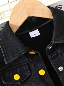 3 件套幼儿女童时尚休闲水洗黑色牛仔背心 + 水洗黑色牛仔迷你裙，独特流苏下摆和黄色花卉装饰 + 黄色罗纹针织吊带背心，可爱时尚的春夏装 - 黃色 - 查看 5