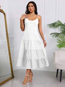 Elegant Vestido Larga Con Volantes Para Mujer,De Estilo Casual Francés,Vestido De Tirantes Con Diseño Fruncido Y Botones