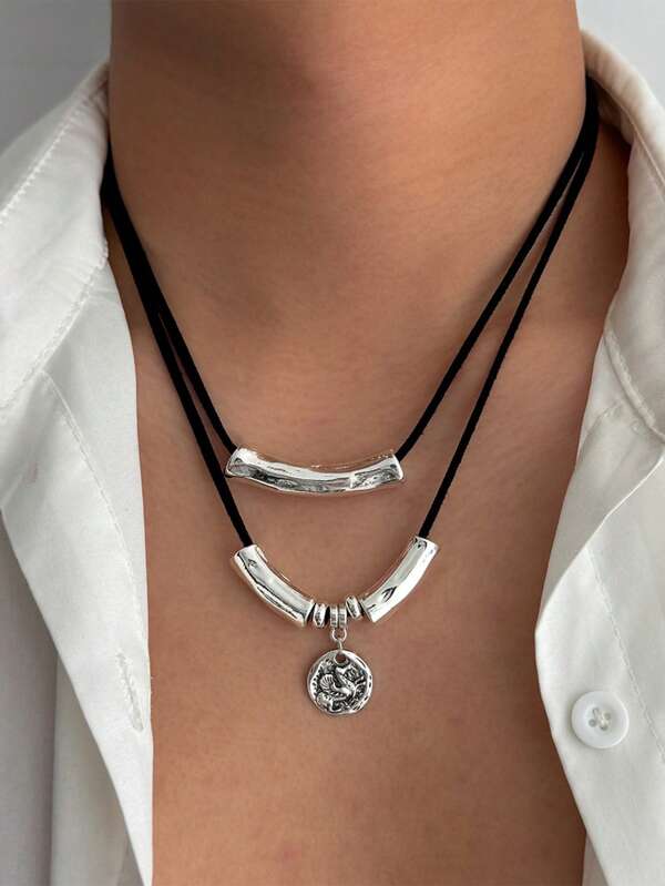 2pcs Cylinder Waxed Leather Cord Necklaces For Men, Elegant Minimalist Versatile Fashion Accessory