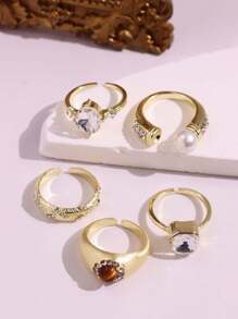 Conjunto de 4 anéis elegantes com pérolas e strass, conjunto de joias de luxo versáteis para mulheres, uso diário, viagens, feriados
