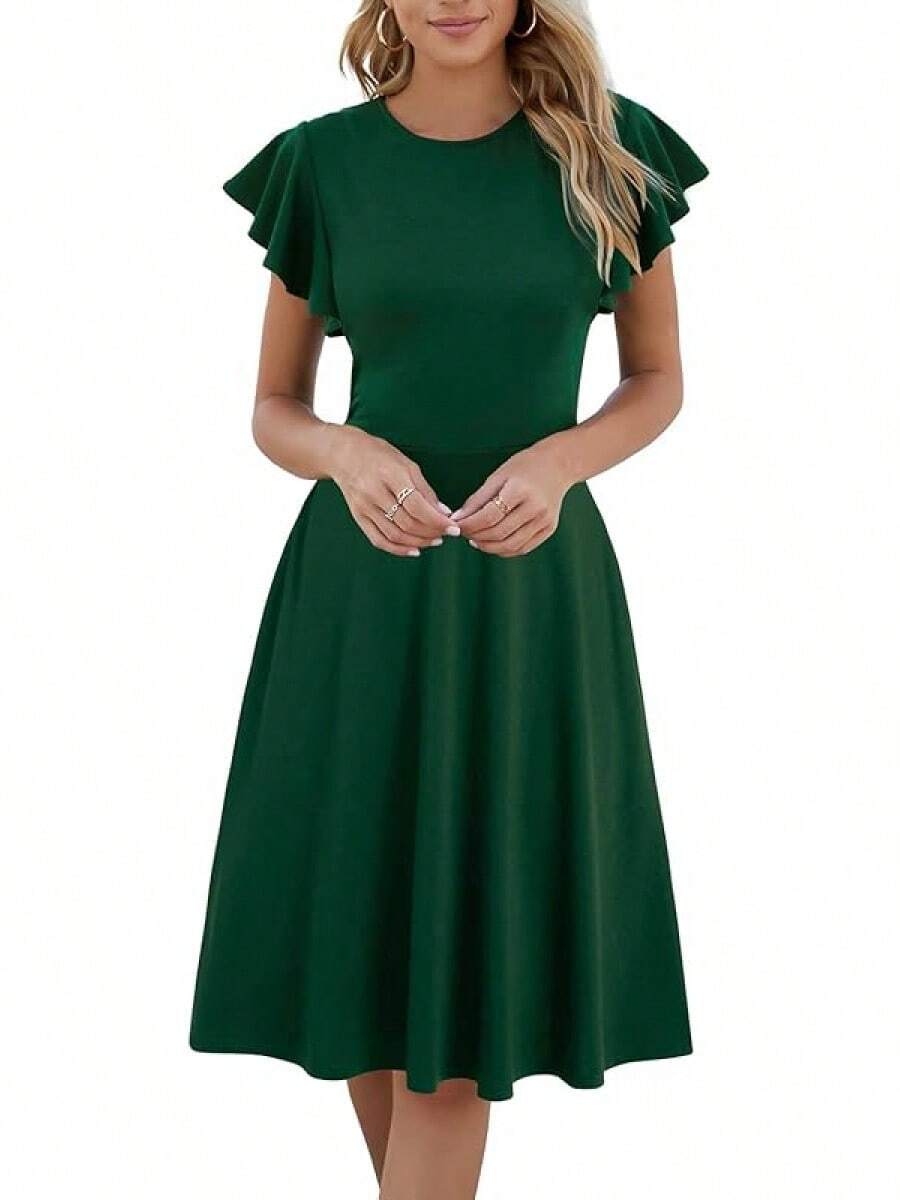 Women's Semi-Formal Ruffle Sleeve V-Back Work Fit And Flare Cocktail Knee Length Dress With Pockets, 2025 Style - 墨綠色 - 查看 1