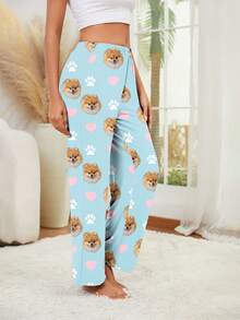 Printstory Customized Women's Blue Pajama Pants With Personalized Pet Portrait - Blue - View 3
