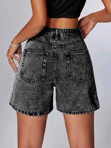 女式高腰百搭牛仔短裤，复古水洗，宽松版型，及膝长度，休闲复古风格夏季时尚 - 黑色 - 查看 2
