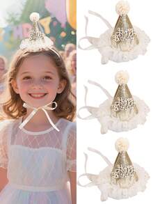 1 件闪光生日快乐头带帽，适合女孩，薄纱花朵发带配金色亮片，女童发箍，生日派对服装头饰，优雅头饰礼物，青少年发饰