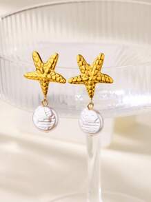 1 par de pendientes colgantes de acero inoxidable con forma de estrella de mar y concha para mujeres, con colgante de perla falsa, joyería de estética de verano para mujer