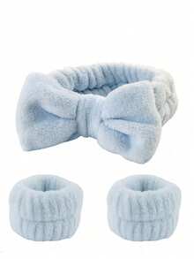 3件套浴室梳妆台套装 - 面部头带、头带+腕带。可重复使用的蝴蝶结头带、面部和腕部头带和腕带，SPA套装，开学季适用 - 黑與白 - 查看 17