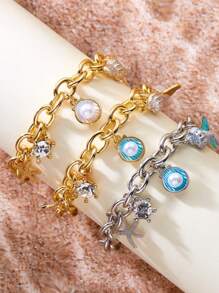 1 pieza Pulsera para mujeres con gota azul, cola de pez, concha y estrella de mar, un regalo de amistad elegante y personalizado, decoración fresca y delicada