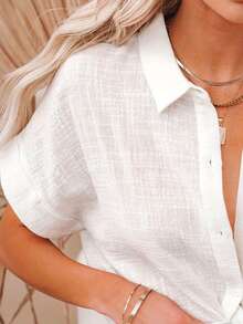 Women's Summer Cotton Linen Tops Short Sleeve Lapel Button Up Solid Color Shirt With One Pocket