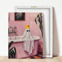 1pc, Canvas Wall Art, Framed Art Decor, Waterproof, Vintage Pink Bow Spooky, Halloween Children's Room Decor, Spooky In Pink Bathtub, Edgy Fashion Home Decor, Cute And Charming Spooky Paintings, Fall Decor, Halloween Decor, Room Decor, Dorm Room Decor, Bedroom Home, Wall Decor, Back To School Decor, School Dorm Decor, Bathroom Decor