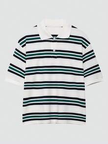 女士春夏时尚长袖宽松休闲 Polo 领复古拼色条纹衬衫 - 彩色 - 查看 3