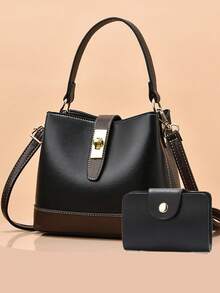 女士小手提包套装，新款时尚撞色单肩水桶包 - 黑色 - 查看 5